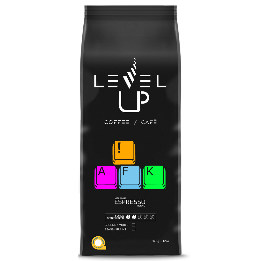 AFK coffee pouch – Café Level Up, medium roast, smooth espresso blend, strength 2/5, certified Aliment Québec, 340g