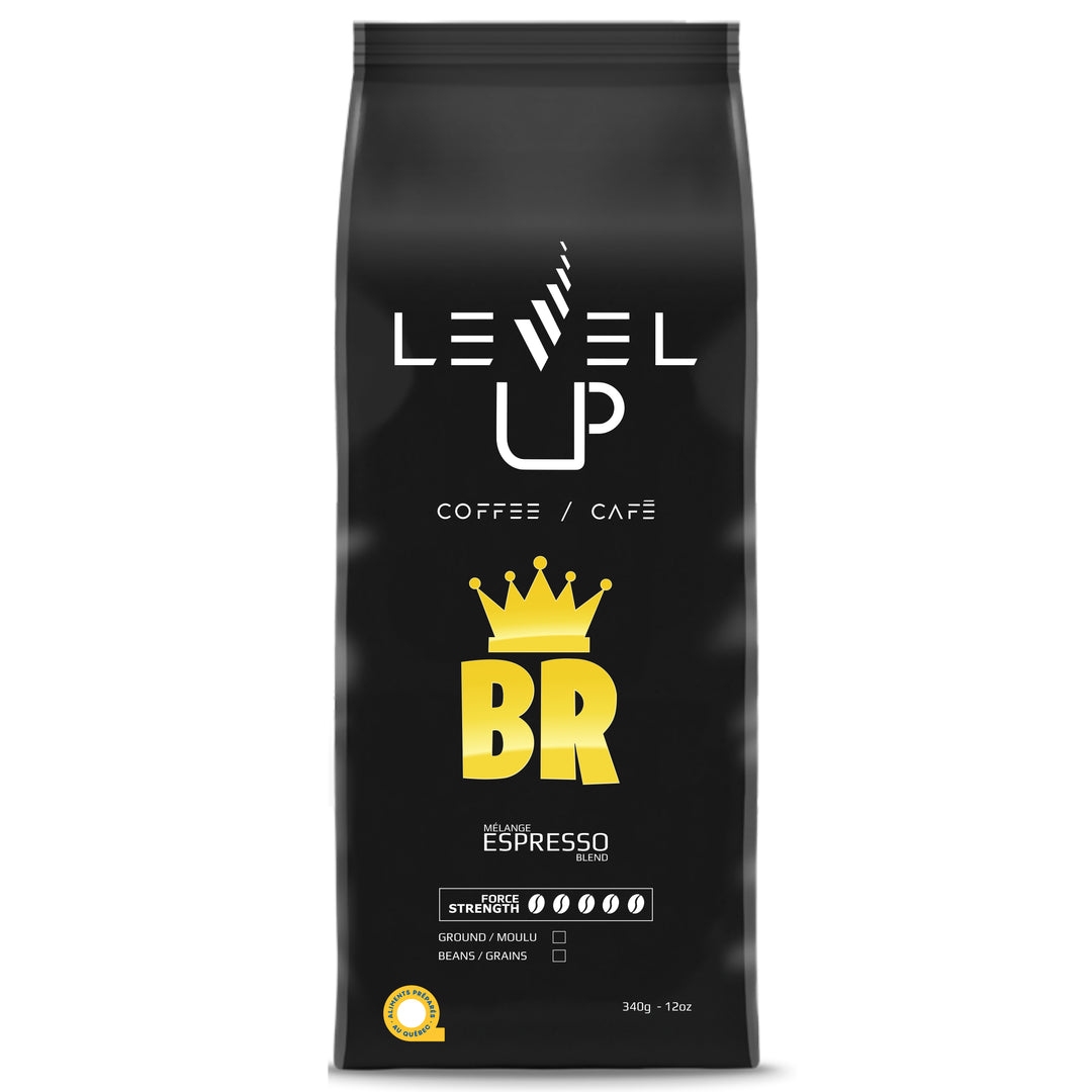 BR coffee pouch – Level Up Coffee, dark roast espresso blend, bold and intense flavor, strength 5/5, certified Aliment Québec, 340g