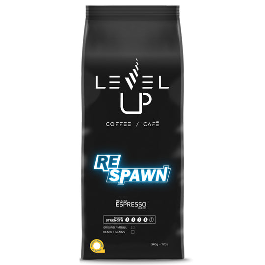 RESPAWN coffee pouch – Café Level Up, medium-dark roast espresso blend, balanced flavor, strength 4/5, Aliment Québec certified, 340g