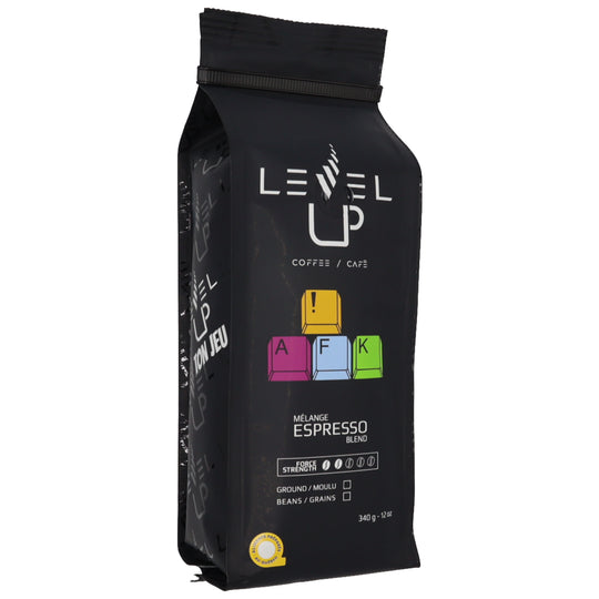 Angled photo of AFK coffee bag – smooth medium roast espresso blend, strength 2/5, 340g, certified Québec product