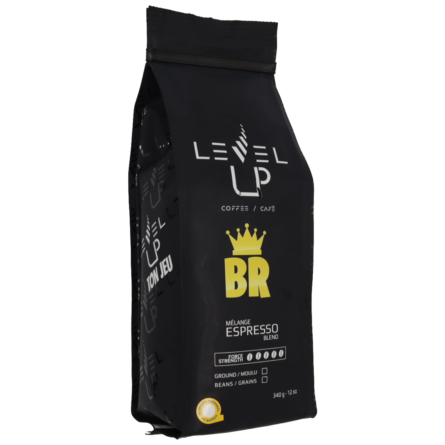 Angled photo of BR coffee bag – Level Up Coffee, dark roast espresso blend, strong and full-bodied, strength 5/5, 340g, certified Québec product