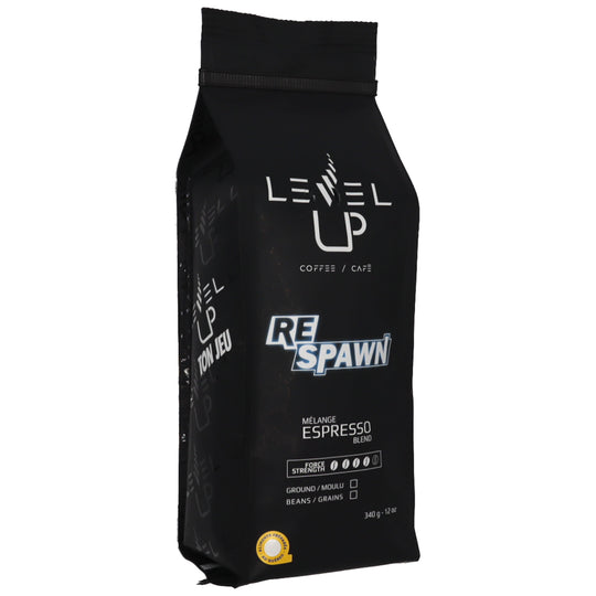 Angled photo of RESPAWN coffee bag – medium-dark roast espresso blend, balanced, strength 4/5, 340g, certified Québec product